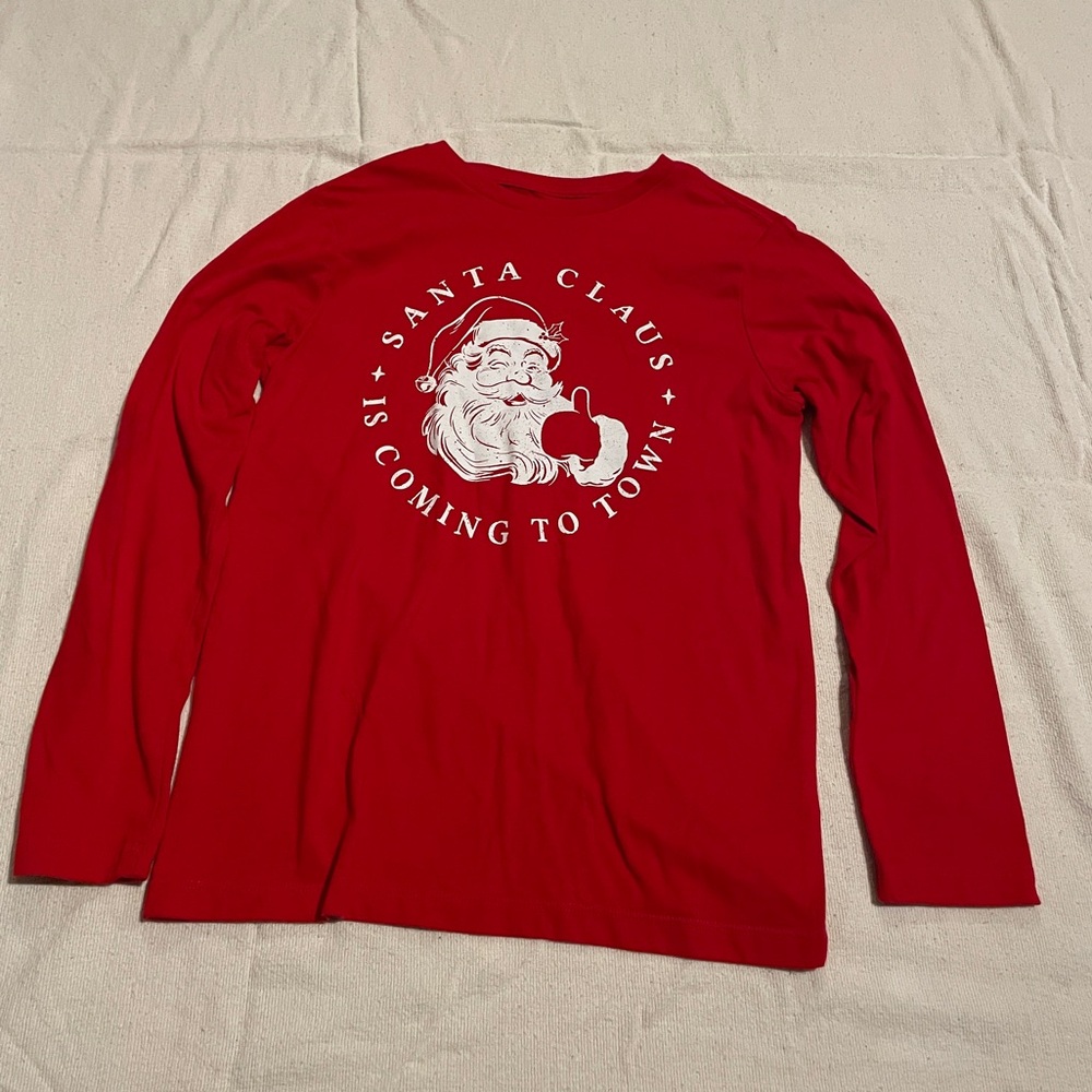 Red long sleeve L (10-12) Christmas themed “Santa Claus is coming to town”